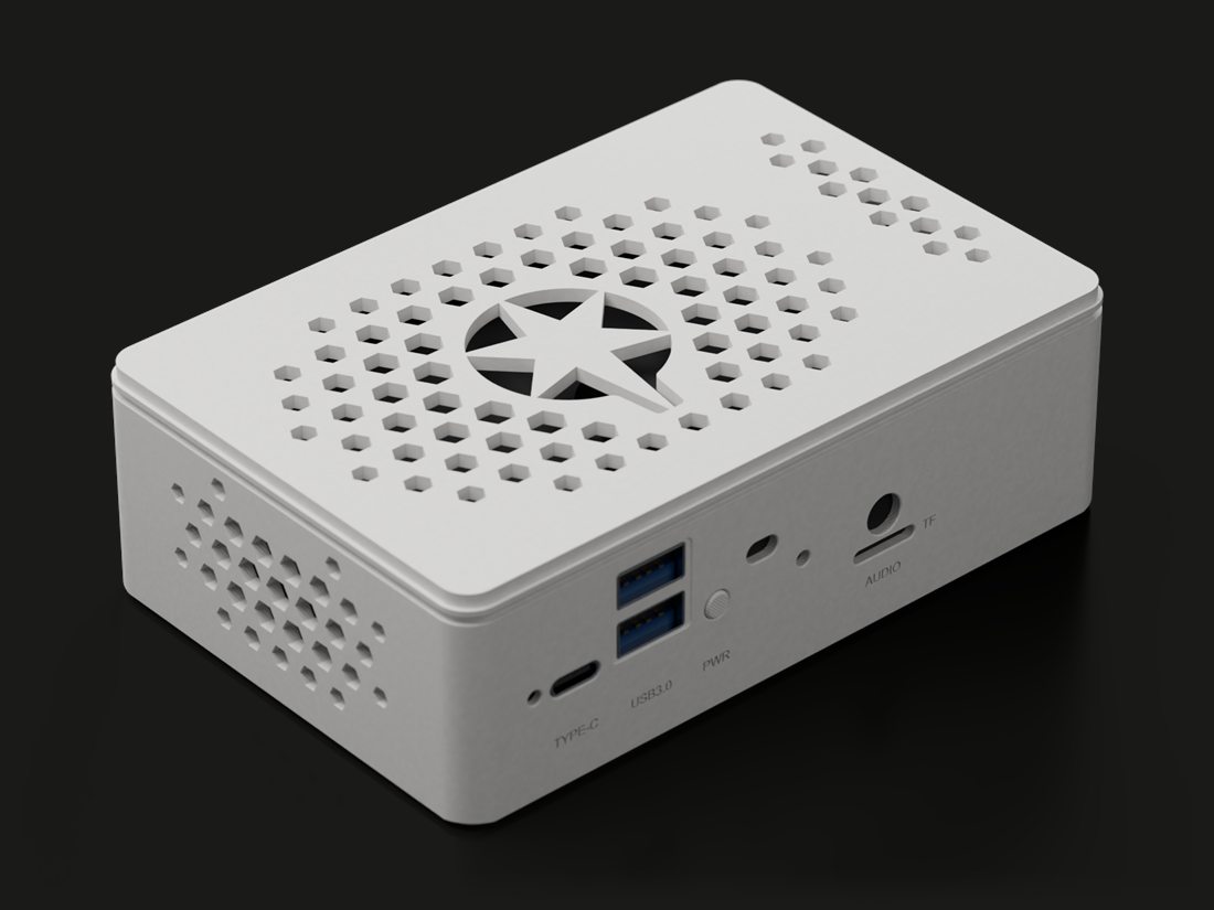 ANCLA One «Prometeo» en blanco sobre fondo oscuro: la estrella calada en la tapa y, en el frente, USB-C, dos USB 3.0, encendido, audio y ranura de tarjeta.